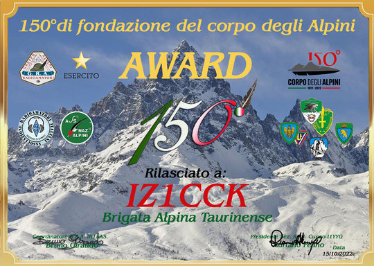 Award 150° di Fondazione del corpo degli Alpini